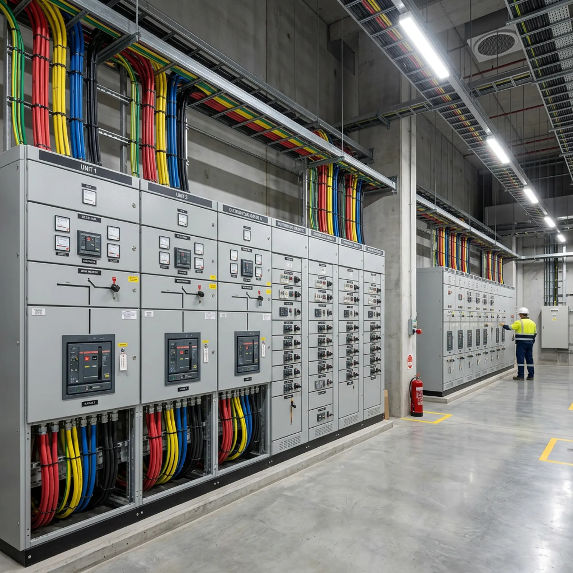High-voltage switchroom with a lineup of low-voltage distribution boards and cable ladder overhead