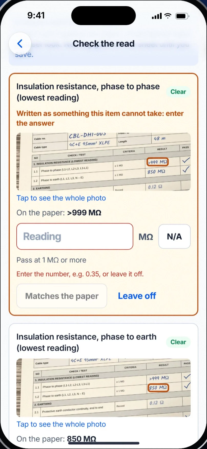 Holdpoint field app on a phone, Check the read screen: insulation resistance readings taken from a photographed paper ITR, each shown beside its crop of the paper (more than 999 megohms phase to phase, 850 megohms phase to earth) for the technician to confirm