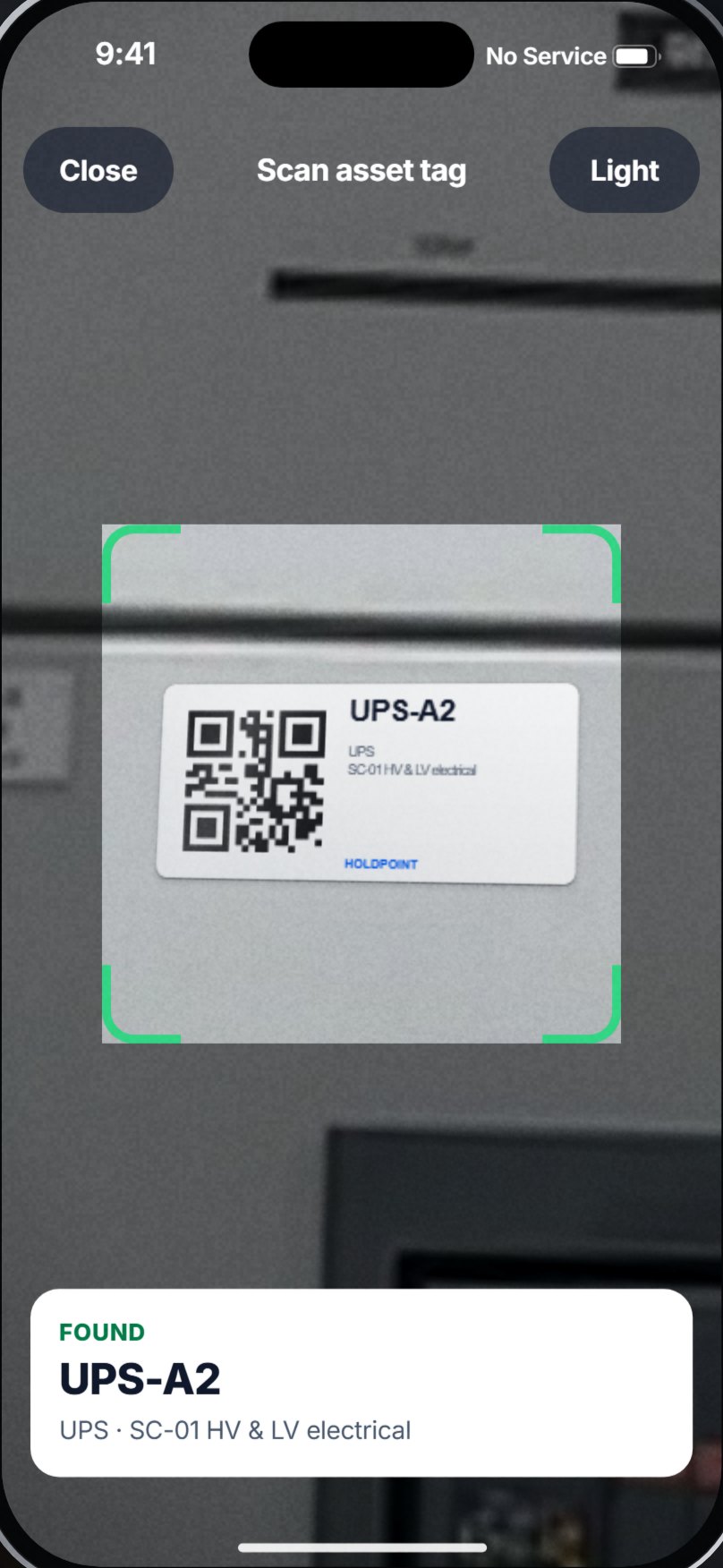 Scan a tag screen in the Holdpoint field app