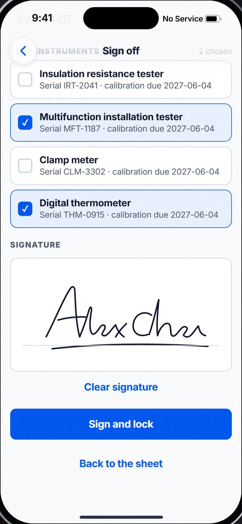 Sign off screen in the Holdpoint field app